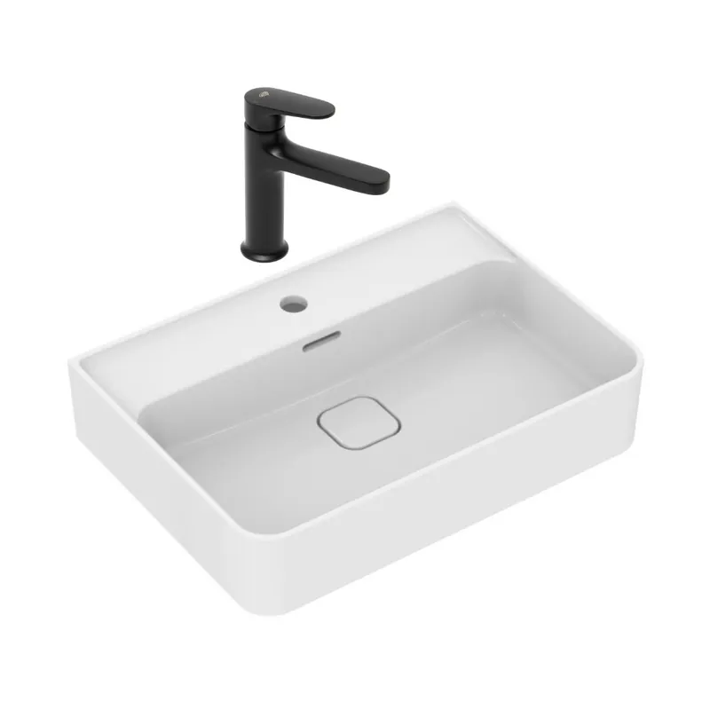 Strada II lavabo 600x430 mm 1 trou + Swiss Aqua Technologies mitigeur de lavabo sans tirette, noir mat (T300001SATBSD271PC)