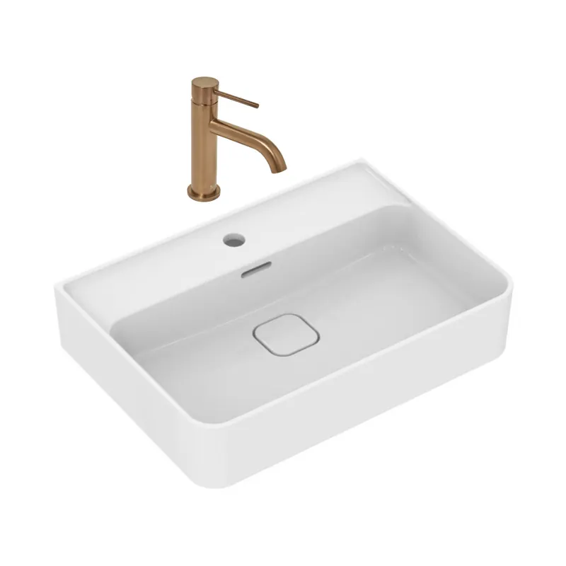 Strada II lavabo 600x430 mm 1 trou + Swiss Aqua Technologies Aurum mitigeur lavabo sur pied, or rose brossé (T300001SAT271BRG)