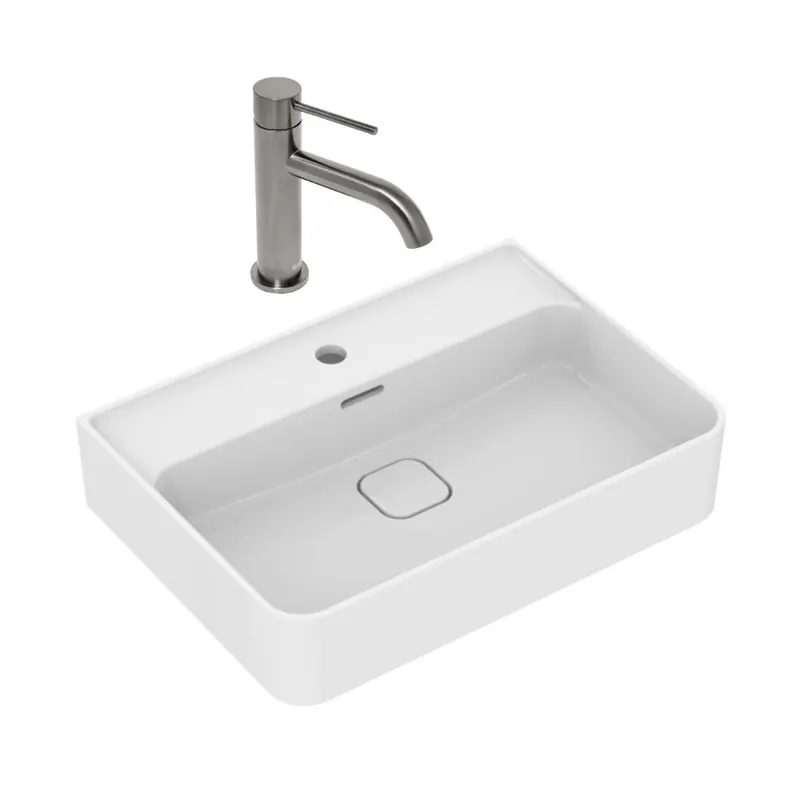 Strada II Lavabo 600x430 mm 1 trou + Swiss Aqua Technologies Aurum mitigeur lavabo sur pied, noir mat (T300001SAT271BGM)