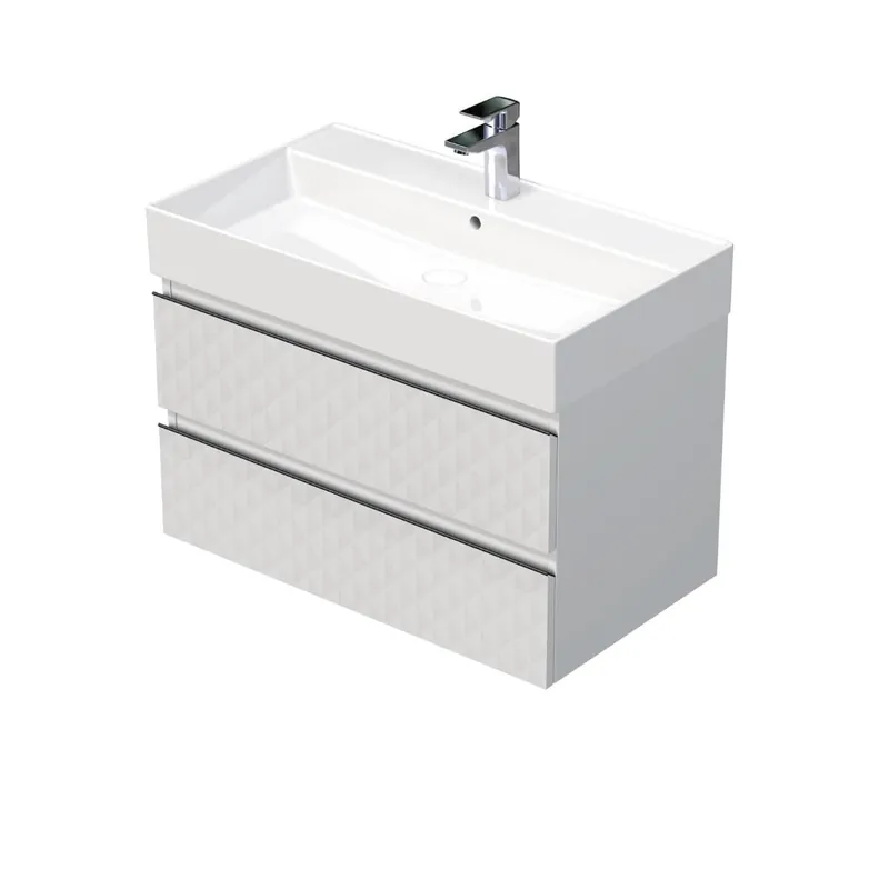 Cube Way 80x47,5x46 cm meuble de salle de bain suspendu 2 tiroirs avec lavabo en céramique, blanc mat (CUBE3D46802ZBSAT)