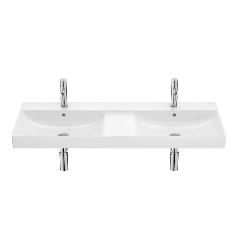 Ona 120x46x16 cm lavabo suspendu double vasque en céramique, 2 trous de robinetterie au milieu, trop-plein, blanc (A32768B000)