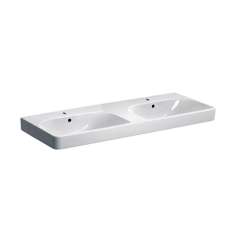 Smyle Square 120x48x16,5 cm lavabo double vasque céramique, 2 trous de robinetterie au milieu, trop-plein, blanc (500.223.01.1)