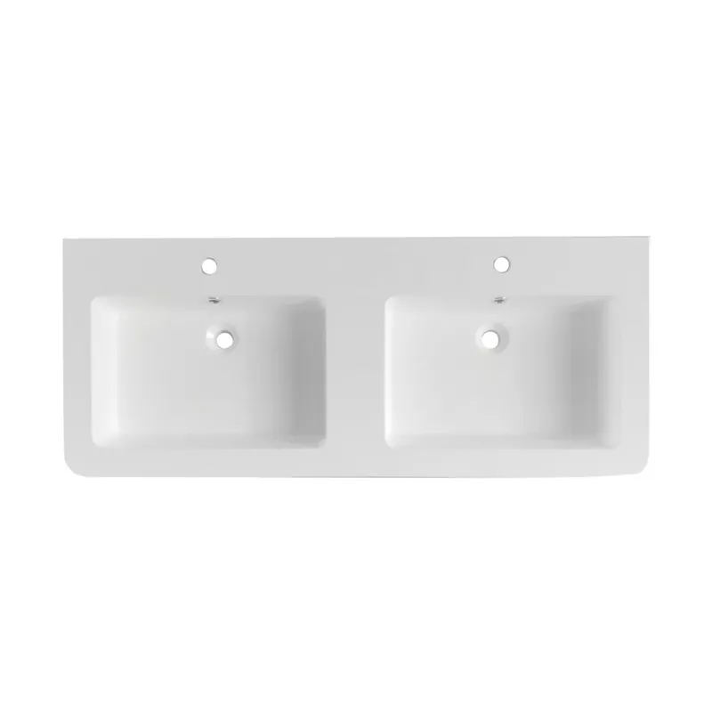 Lavabo double Pavia en marbre coulé blanc 120×49×5 cm – 2 trous pour la robinetterie, avec trop-plein (PA12049)