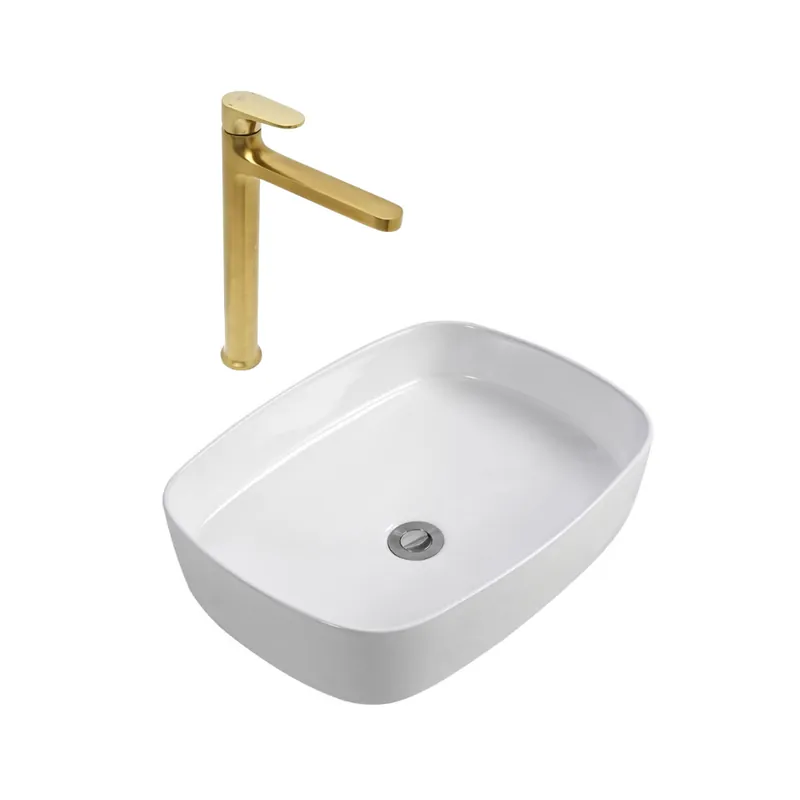 DARK mitigeur lavabo XL, or brossé + Ceramia PixL 50x37,5x13,5 cm vasque à poser, sans trop-plein, blanc (SAT285PBZCEPX4937)