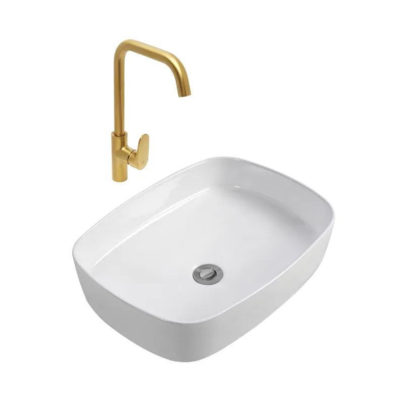 DARK mitigeur lavabo bras pivotant, or + Ceramia PixL 50x37,5x13,5 cm vasque à poser, sans trop-plein, blanc (SAT280LBZCEPX4937)