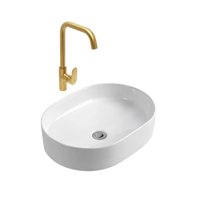 DARK mitigeur lavabo bras pivotant, or + Ceramia PixL 50x36,5x12 cm vasque à poser, sans trop-plein, blanc (SAT280LBZCEPX5037)