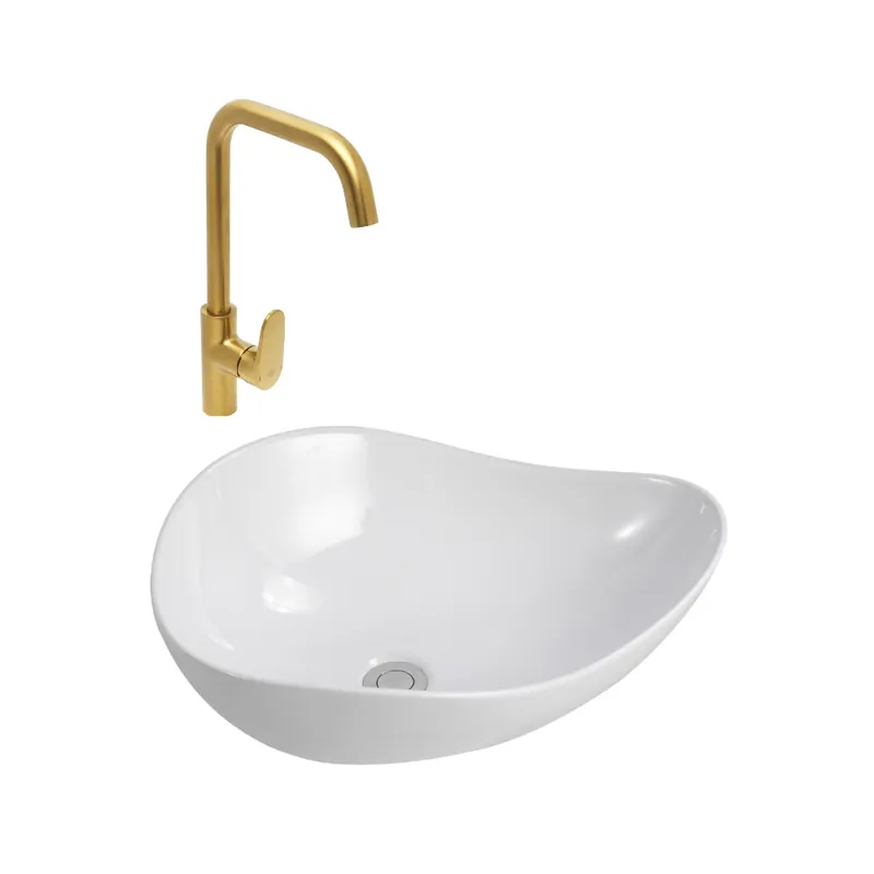 DARK mitigeur lavabo bras pivotant, or + Ceramia PixL 51x38x19 cm vasque à poser, sans trop-plein, blanc (SAT280LBZCEPX5038)