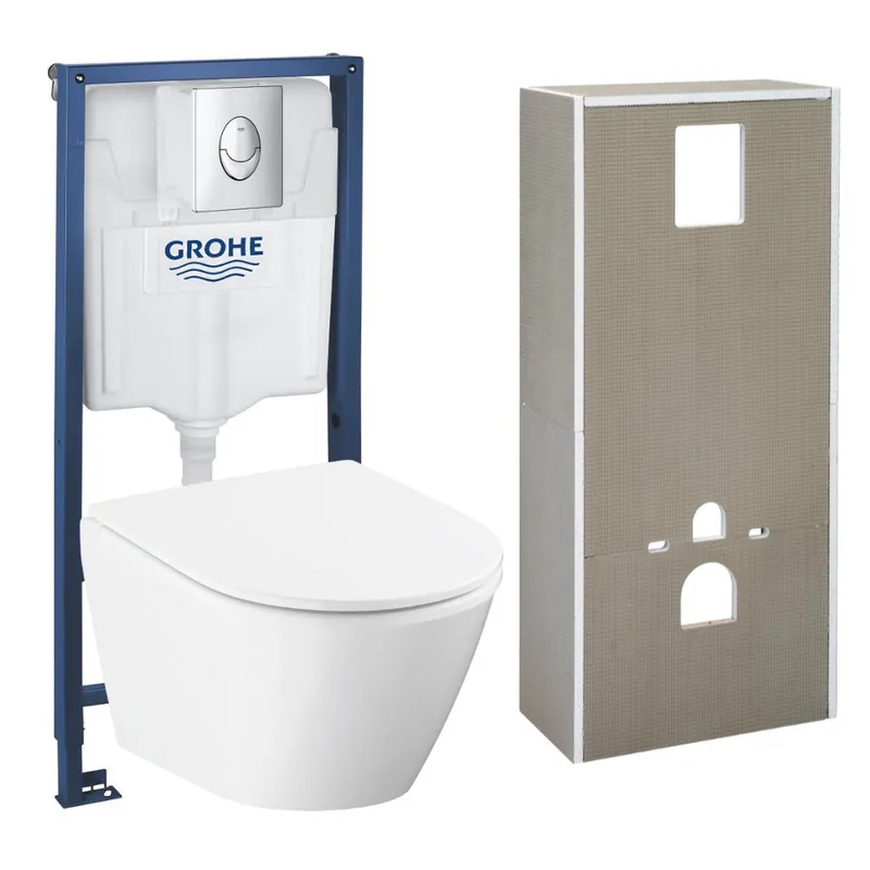 Solido + pack WC bâti-support 4 en 1 + WC suspendu sans bride Grohe avec abattant SoftClose + plaque (GRGRWR02-FR)