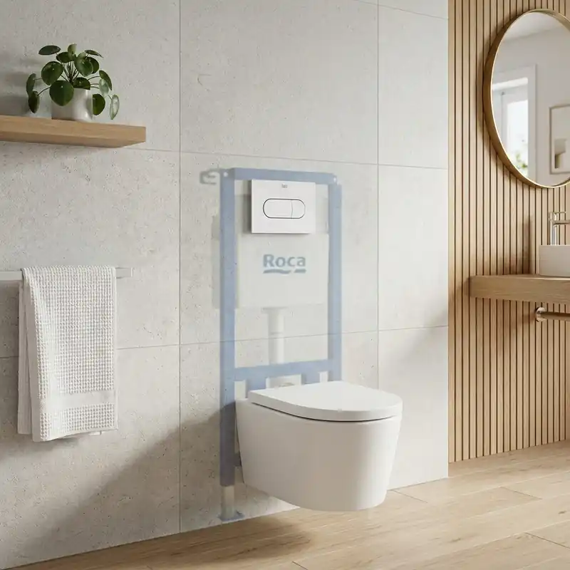 Pack WC suspendu complet avec bâti-support Roca, cuvette sans bride et abattant soft-Close