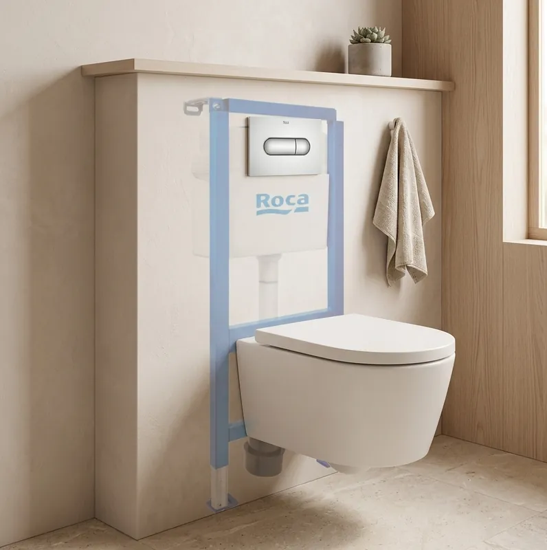 Pack WC suspendu complet avec bâti-support Roca, cuvette compacte sans bride et abattant soft-close