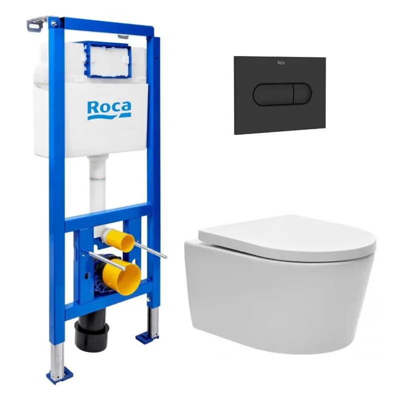 Pack WC suspendu complet avec bâti-support Roca, cuvette compacte sans bride et abattant soft-close