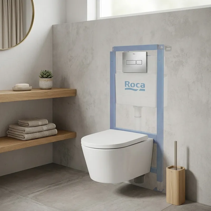 Pack WC suspendu complet avec bâti-support Roca, cuvette compacte sans bride et abattant soft-close