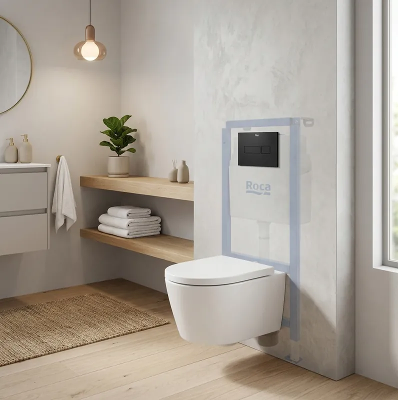 Pack WC suspendu complet avec bâti-support Roca, cuvette sans bride et abattant soft-Close