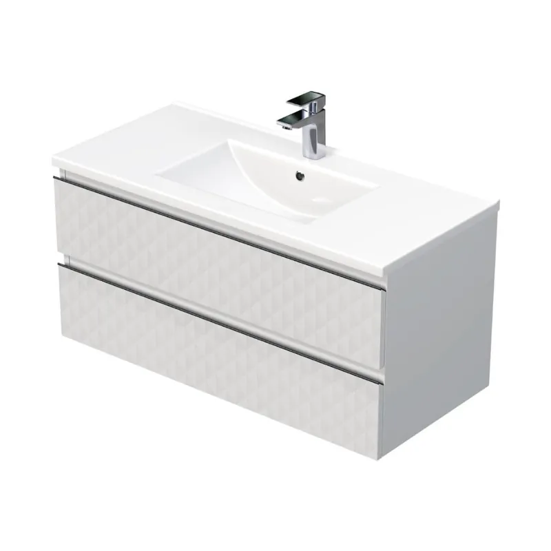 Cube Way 100x47,5x46 cm meuble de salle de bain suspendu 2 tiroirs avec lavabo en céramique, blanc mat (CUBE3D461002ZBVER)