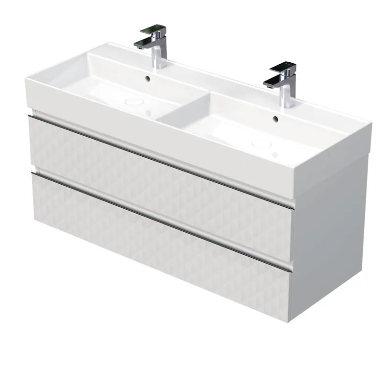 Cube Way 120x47,5x46 cm meuble de salle de bain suspendu 2 tiroirs + double vasque en céramique, blanc mat (CUBE3D461202ZBSAT)