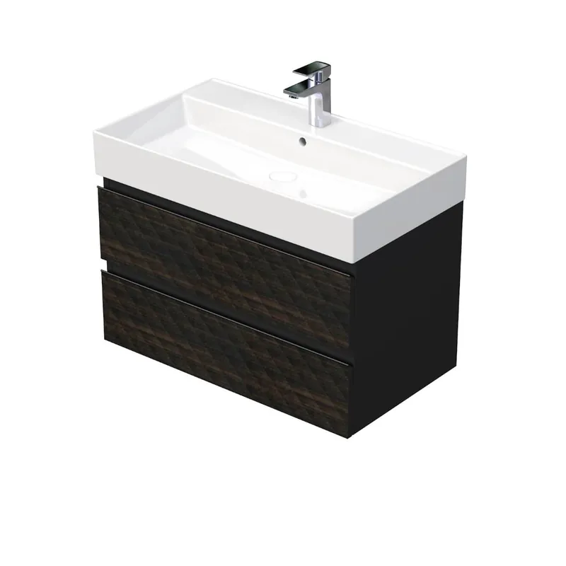 Cube Way 80x47,5x46 cm meuble de salle de bain suspendu 2 tiroirs avec lavabo en céramique, marron mat (CUBE3D46802ZHSAT)