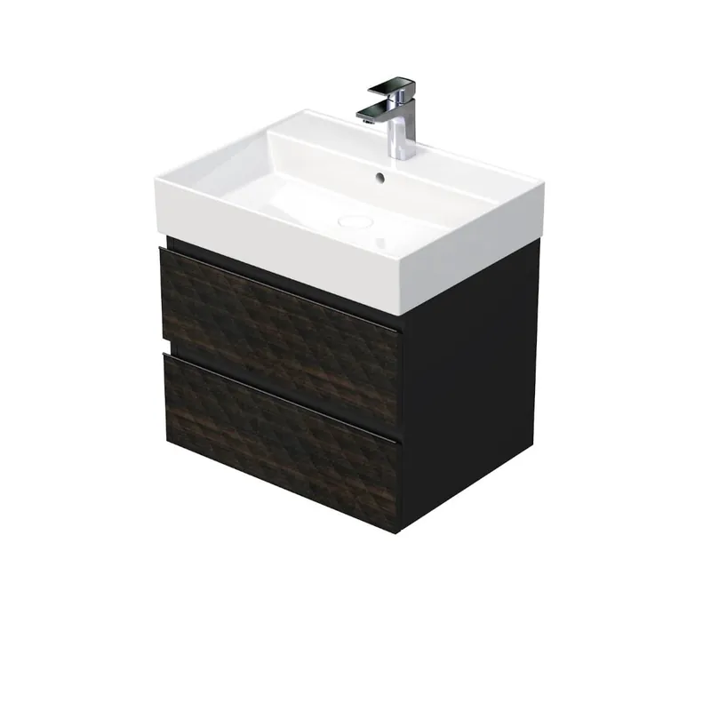 Cube Way 60x47,5x46 cm meuble de salle de bain suspendu 2 tiroirs avec lavabo en céramique, marron mat (CUBE3D46602ZHSAT)