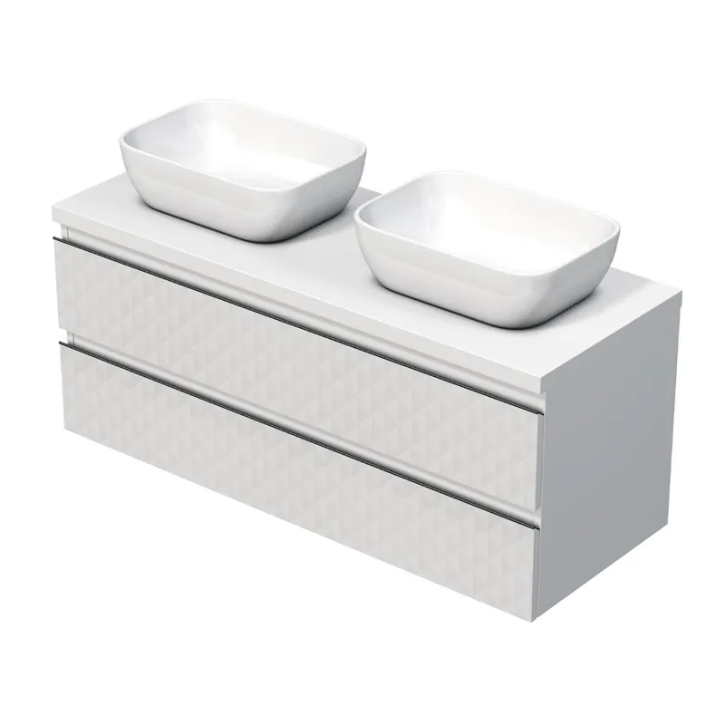 Cube Way 120x47,5x46 cm meuble de salle de bain suspendu 2 tiroirs avec plaque + double vasque, blanc mat (CUBE3D461202ZBKD)