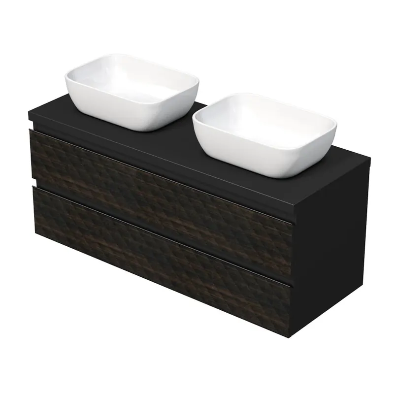 Cube Way 120x47,5x46 cm meuble de salle de bain suspendu 2 tiroirs avec plaque + double vasque, marron mat (CUBE3D461202ZHKD)