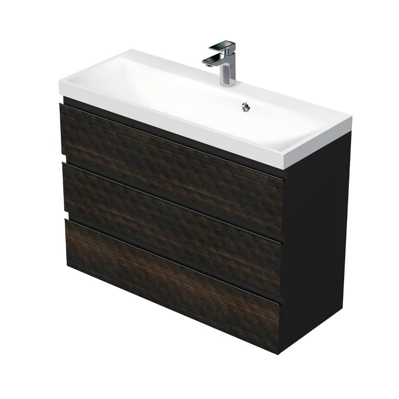 Cube Way 100x71x40 cm meuble de salle de bain suspendu 3 tiroirs avec lavabo en marbre coulé, marron mat (CUBE3D1003ZH)