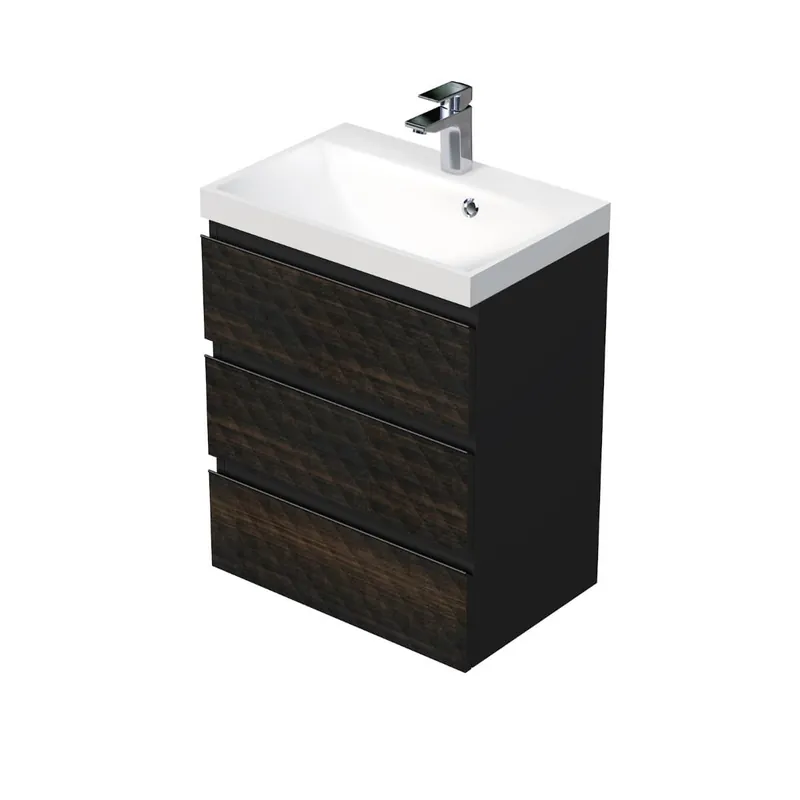 Cube Way 60x71x40 cm meuble de salle de bain suspendu 3 tiroirs avec lavabo en marbre coulé, marron mat (CUBE3D603ZH)