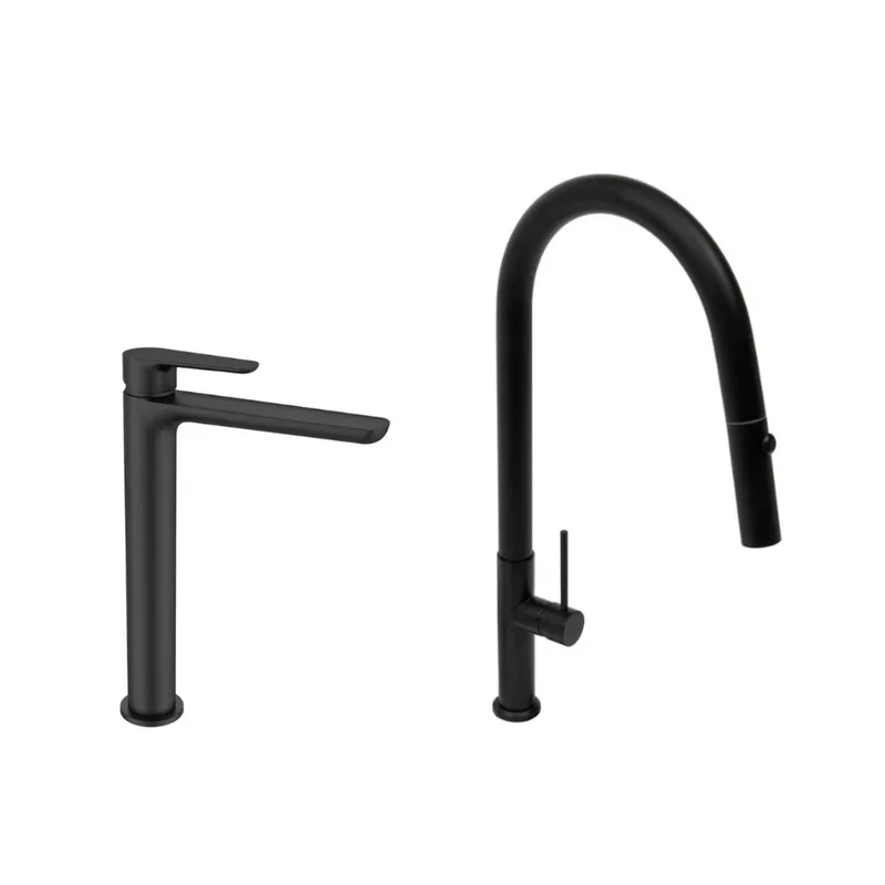 set mitigeur lavabo XL + mitigeur monocommande de cuisine avec douchette extractible 2 jets, noir mat (SATBSM288C)