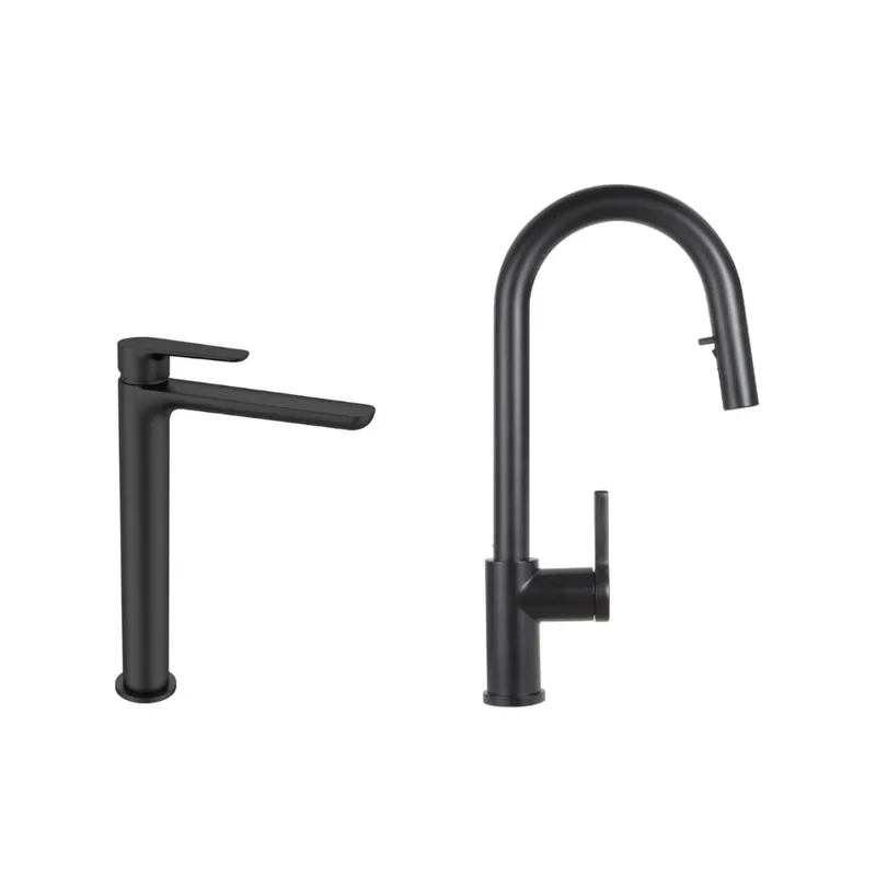 Mood set mitigeur lavabo XL + mitigeur de cuisine Ceramia Timeless acier inoxydable, douchette extractible, noir mat (SATBM285C)