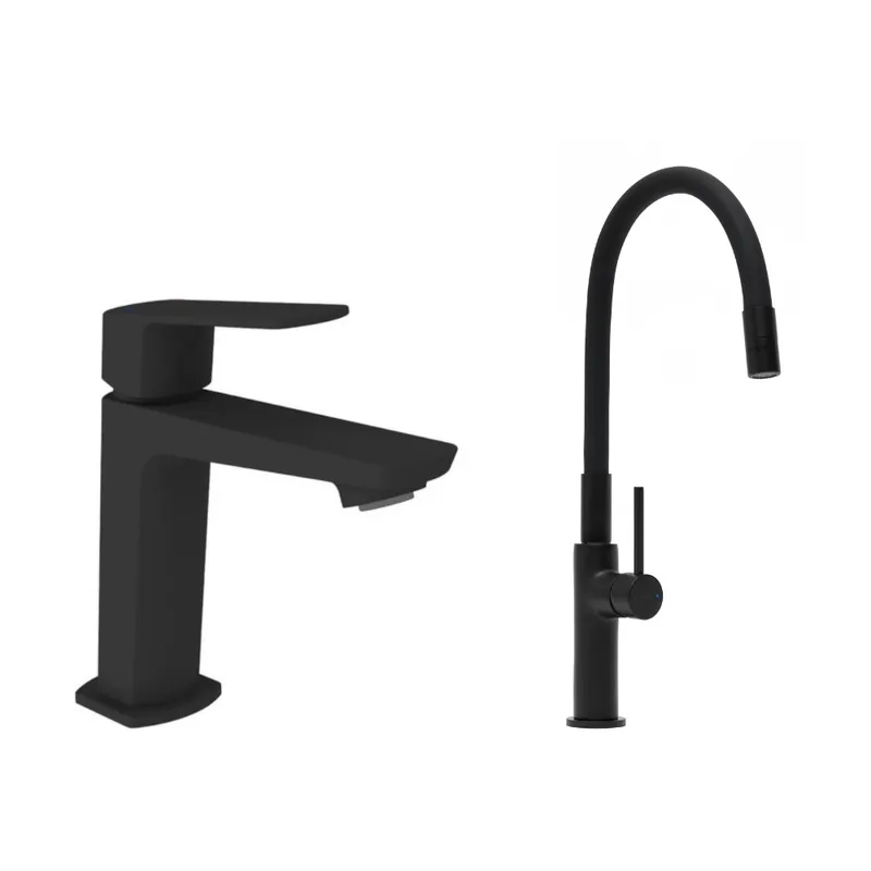 set mitigeur lavabo sans tirette + mitigeur de cuisine avec aérateur Neoperl®, noir mat (SATBS271C)