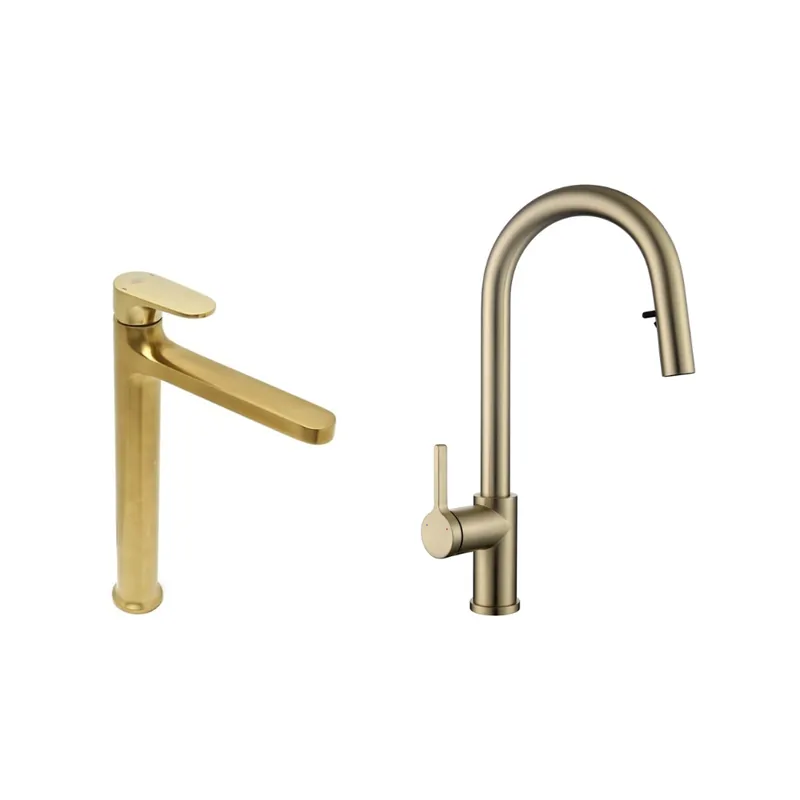 Dark set mitigeur lavabo XL + mitigeur cuisine Ceramia TImeless acier inoxydable, douchette extractible, or (SATTMLDA285BG)