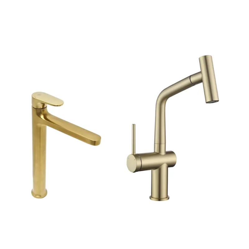 Dark set mitigeur lavabo XL + mitigeur cuisine Ceramia Timeless acier inoxydable, douchette extractible, or (SATTMLDA1285BG)