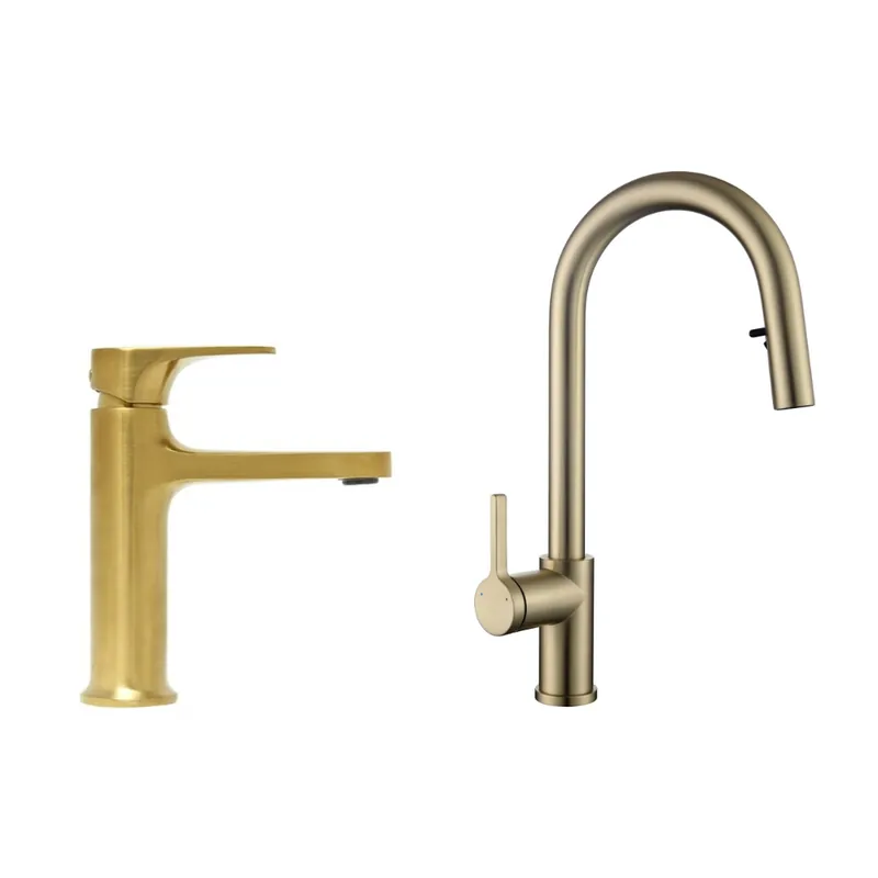 Dark set mitigeur lavabo + mitigeur cuisine Ceramia Timeless acier inoxydable, douchette extractible 2 jets, or (SATB285BG)