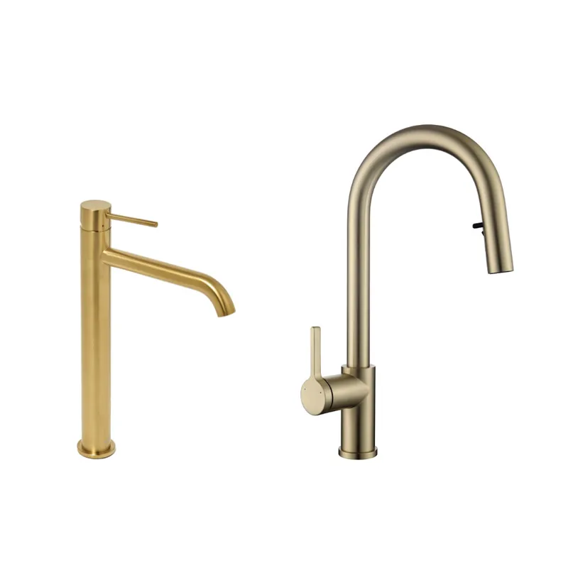 Aurum set mitigeur lavabo haut inox + mitigeur cuisine Ceramia Timeless acier inoxydable, douchette extractible (SATBA285BG)