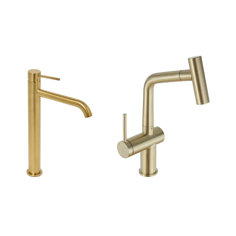Aurum set mitigeur lavabo haut + mitigeur cuisine Ceramia Timeless acier inoxydable, douchette extractible, or (SATBA185BG)