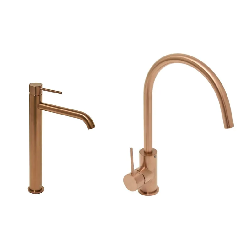 Aurum set mitigeur lavabo haut acier inoxydable + mitigeur cuisine avec bras pivotant, or rose (SATBR2805BRG)