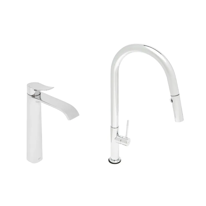 set mitigeur lavabo haut + mitigeur cuisine avec douchette extractible et bras pivotant, chrome (SATINFBSD285)