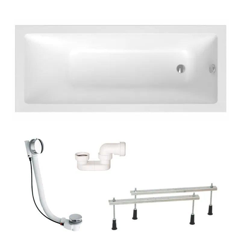 Aurum 160x80 cm baignoire rectangulaire en acrylique, gauche et droite, avec pieds + vidage + siphon, blanc (SATVAUR16080-SET)