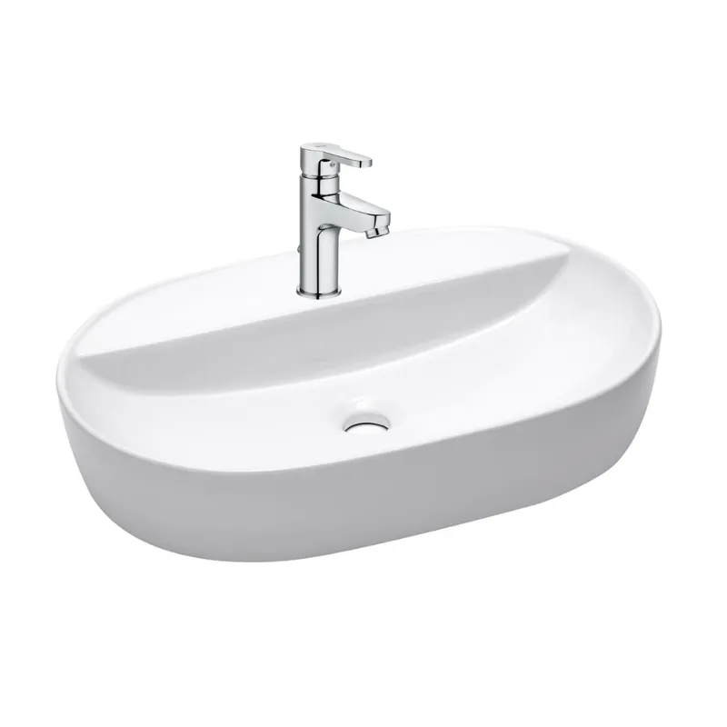 Vasque à poser en céramique 60x40x12,5 cm SAT, sans trop-plein + mitigeur lavabo Roca (A5A306SATINF6040)