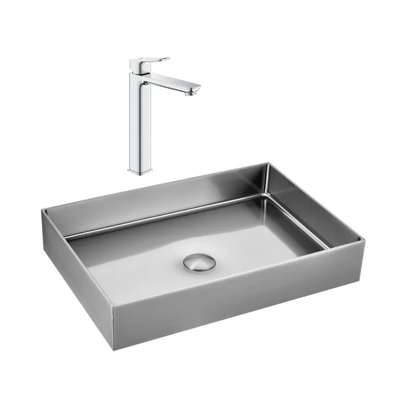 Vasque à poser acier inoxydable 304 55x38x10 cm Ceramia avec bonde + mitigeur lavabo Grohe Dice (TMLBCR1018920000)