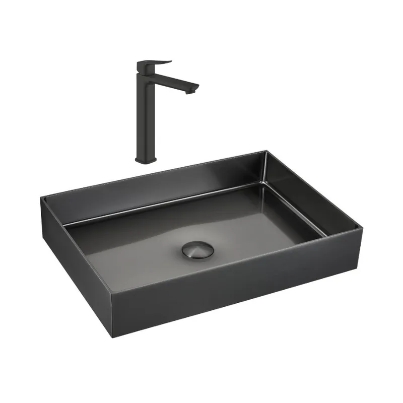 Vasque à poser acier 55x38x10 cm inoxydable 304 Céramia avec bonde + mitigeur lavabo Grohe Dice (TMLBGM1018922430)