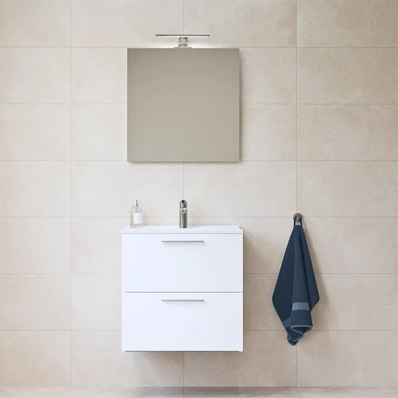 Mia ensemble meuble préassemblé 59x61x39,5 cm avec miroir, lavabo et éclairage LED, Blanc brillant (MIASET60B)