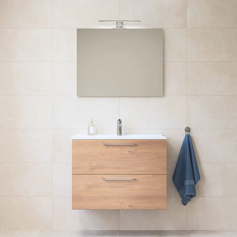 Mia ensemble avec meuble préassemblé 59x61x39,5 cm + miroir + lavabo céramique + éclairage LED, chêne (MIASET60D)