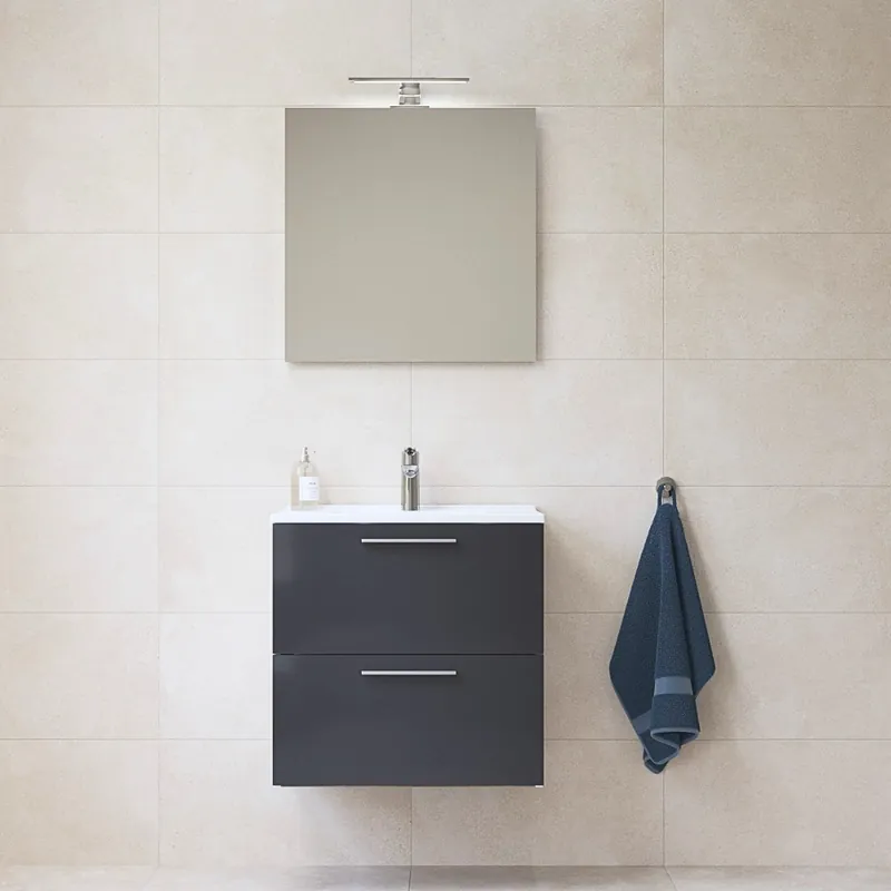 Mia ensemble meuble préassemblé 59x61x39,5 cm avec lavabo, miroir et éclairage LED, Anthracite brillant (MIASET60A)