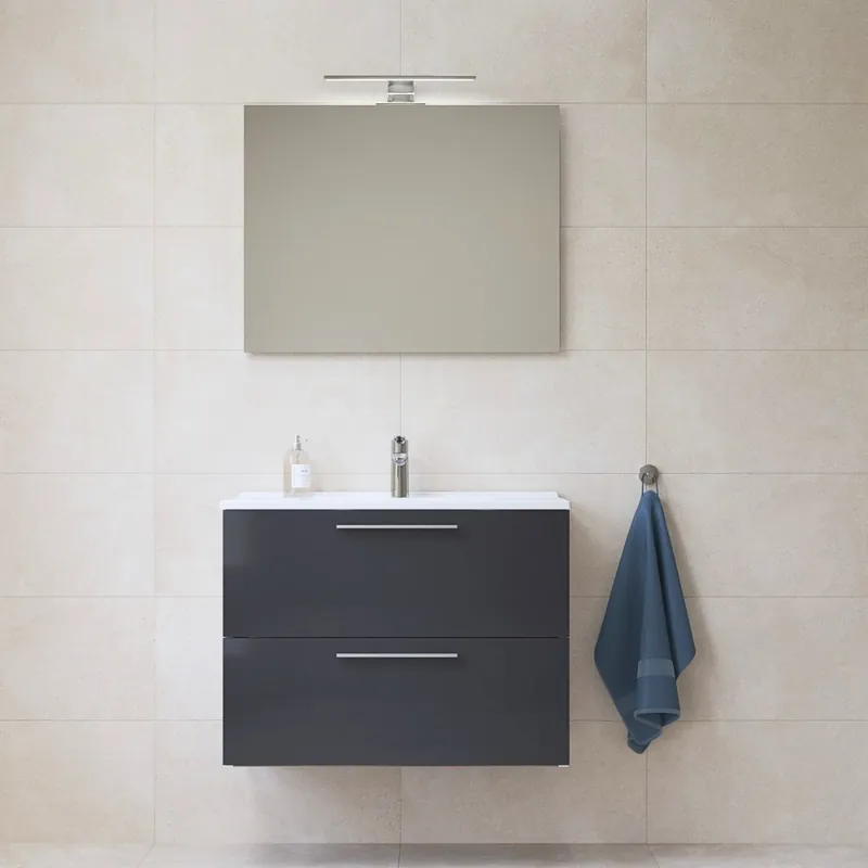 Mia ensemble avec meuble préassemblé 79x61x39,5 cm + miroir + lavabo + éclairage LED, anthracite brillant (MIASET80A)