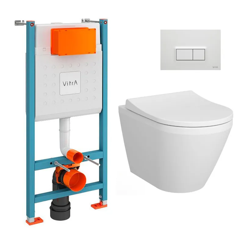 Pack WC Bâti-support V-Fix Core + WC sans bride Integra, fixations invisibles + Plaque, Blanc Brillant (V-FixIntegraRimless-1)