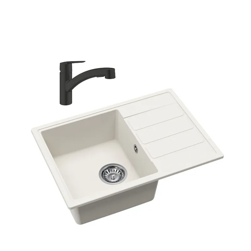 62x44 cm kit évier avec égouttoir réversible en Granite, à encastrer, blanc + mitigeur de cuisine Grohe Start (SATSE2WG303)