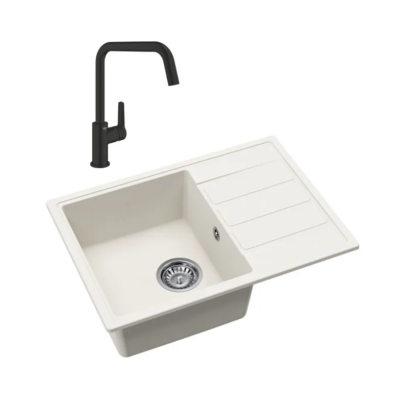 62x44 cm évier avec égouttoir réversible en Granite, à encastrer, blanc + mitigeur lavabo/cuisine Grohe Start (SATSE2WG3047)
