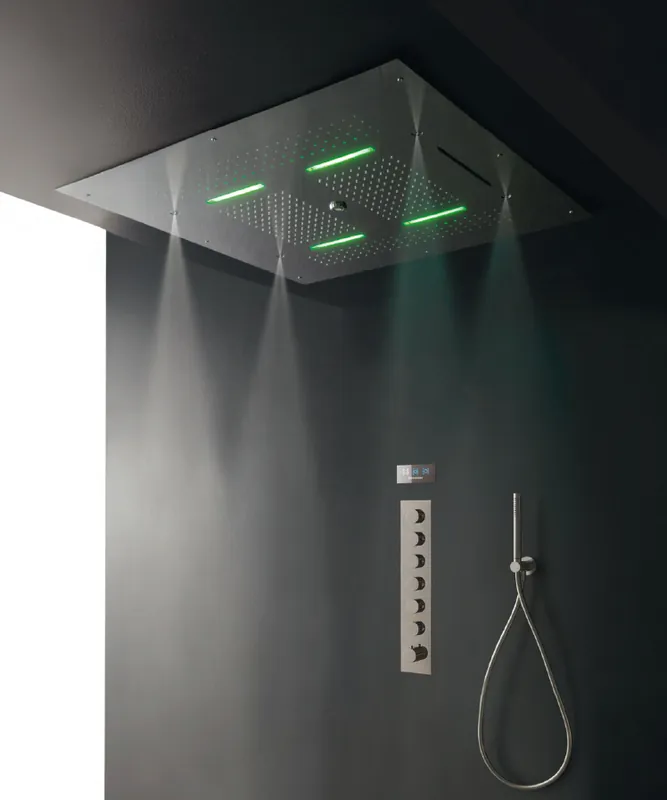 Douche de tête avec pluie, cascade, brumisateur, jet et chromothérapie en acier inoxydable Douches Treemme