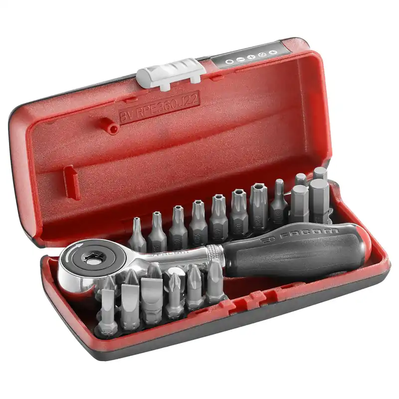 FACOM Coffret porte embout à cliquet manche rotatif et 22 embouts de vissage R.PE360J22PB