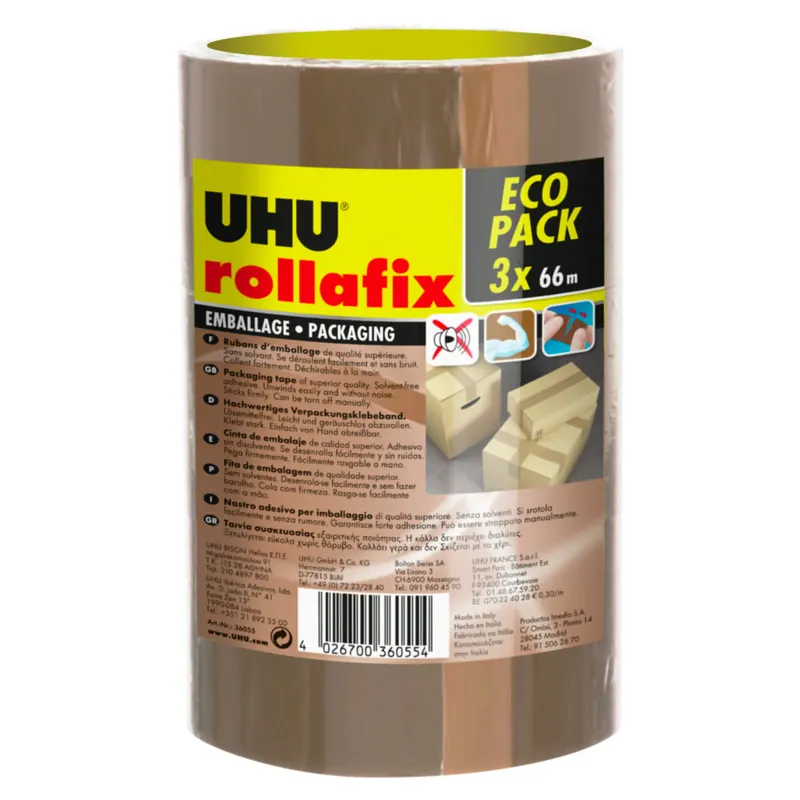 UHU Rollafix - Rubans adhésif d‘emballage brun, lot de 3 rubans 66m x 50mm