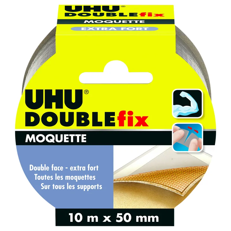 UHU Doublefix - Ruban adhésif double face extra fort pour moquettes et tapis, 10m x 50mm